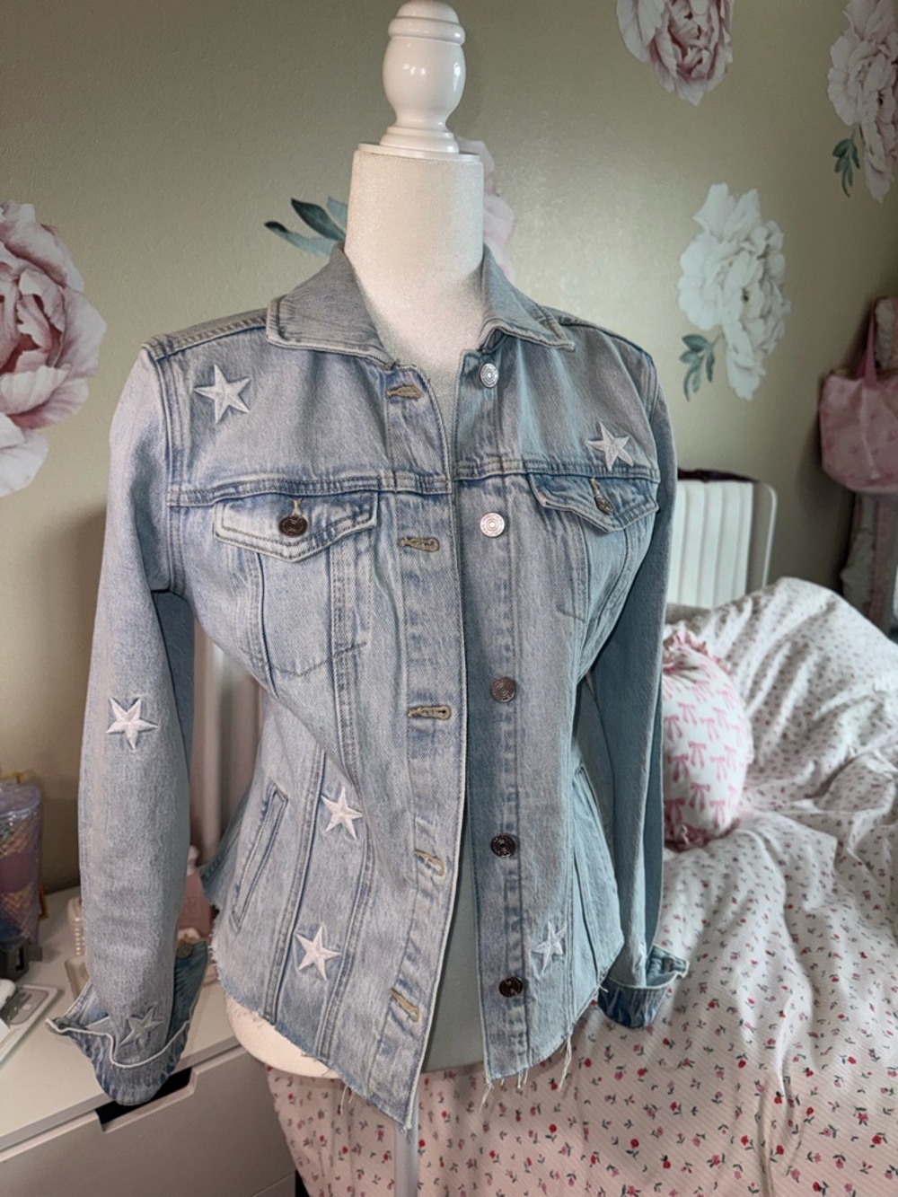 Maurices Light Blue Star Embroidered Denim Jacket